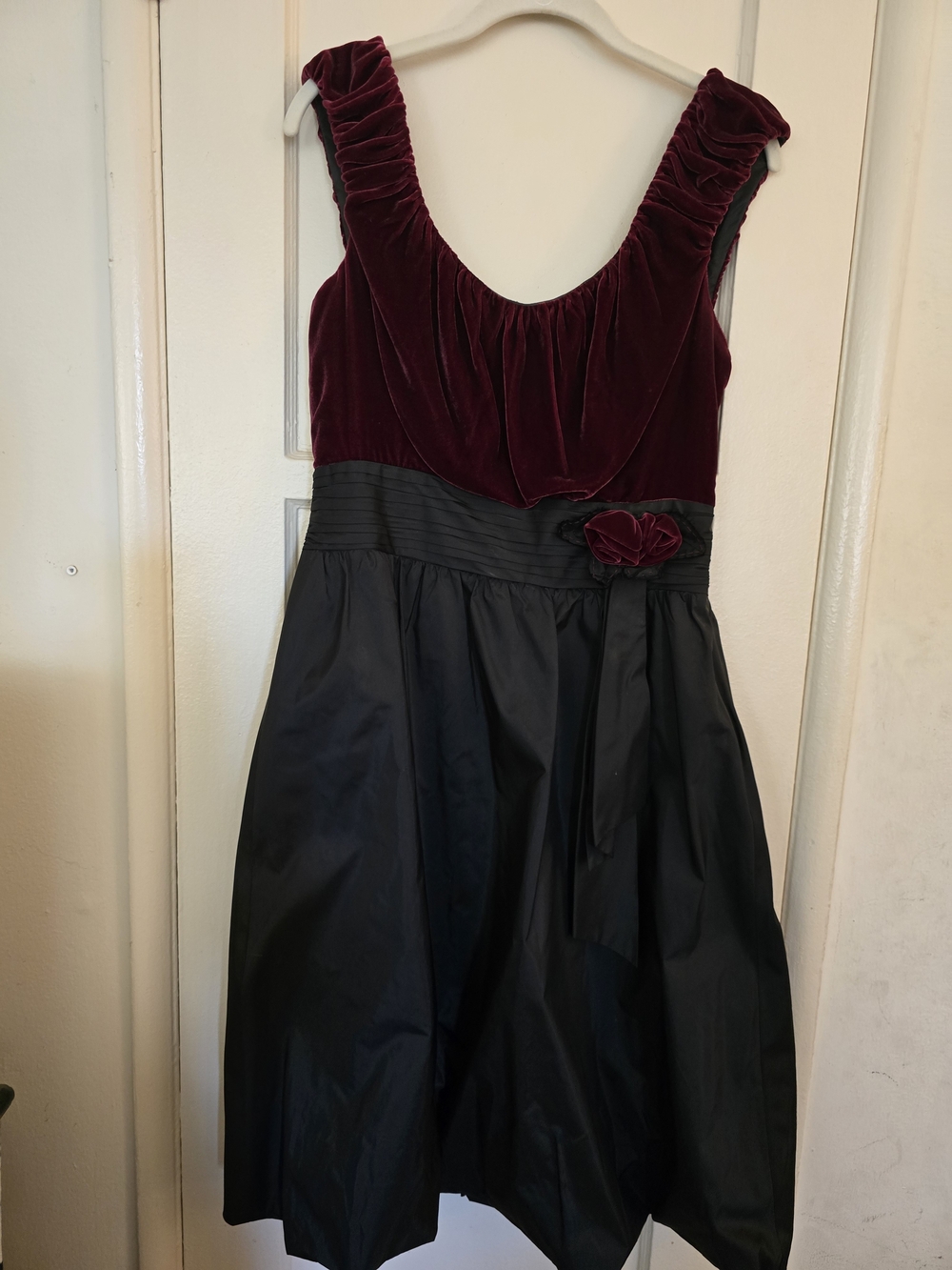 BCBGMaxAzria Burgundy Velvet and Black Cocktail Midi Dress